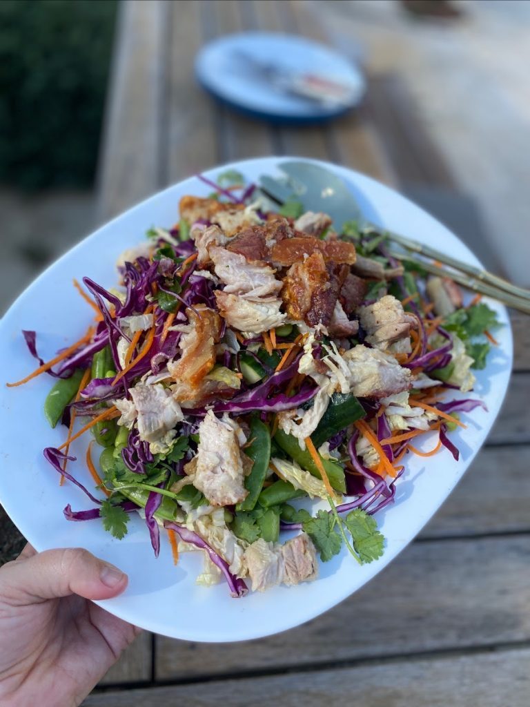 Edamame Crunch Salad with Crispy Pork Belly