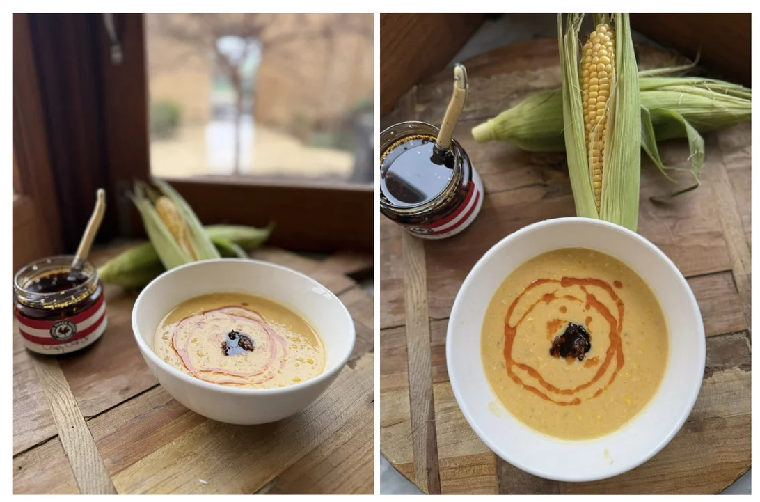 Spicy Corn Soup with Crispy Chilli Oil